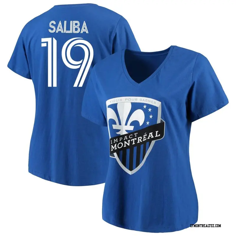 Women's CF Montréal ＃19 Nathan Saliba Royal Name & Number Impact Primary V-Neck T-Shirt