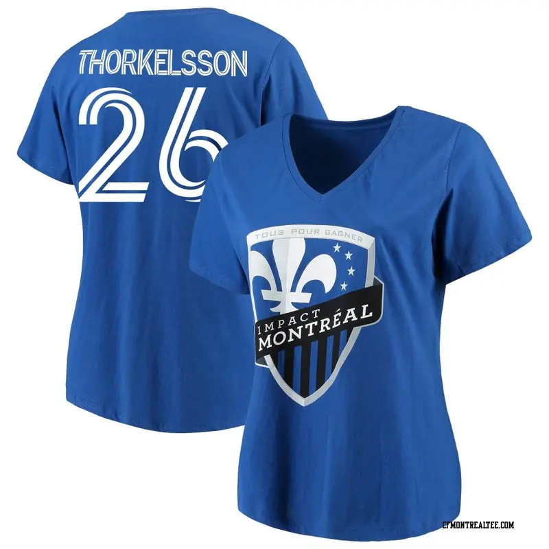 Women's CF Montréal ＃26 Róbert Orri Thorkelsson Royal Name & Number Impact Primary V-Neck T-Shirt