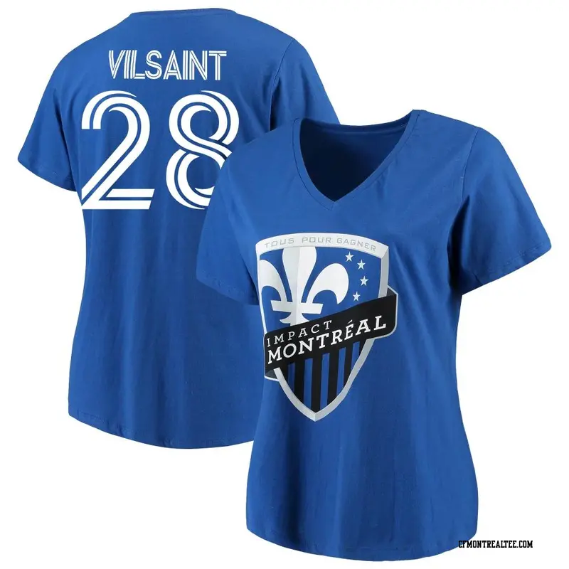 Women's CF Montréal ＃28 Jules-Anthony Vilsaint Royal Name & Number Impact Primary V-Neck T-Shirt